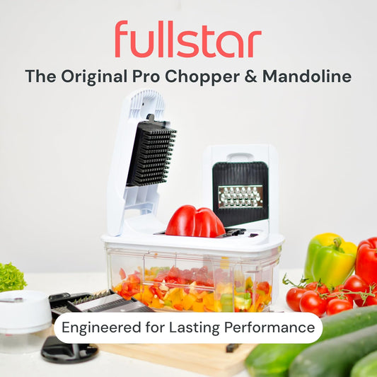 Fullstar Pro XL Vegetable Chopper & Mandoline Slicer w Pull-Out Catch Tray | 4 in 1 Veggie, Onion & Fruit Slicer, Dicer & Grater with Sharp Stainless Steel Blades - XL Food Prep Set (White)