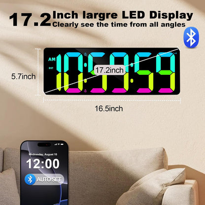 TXL 17.2" Bluetooth Digital Wall Clock with Seconds, Large Countdown Timer for Classroom Home Gym Kitchen Office, Alarm Clock with Remote Control, 4 Dimmable Brightness, Auto DST (RGB)
