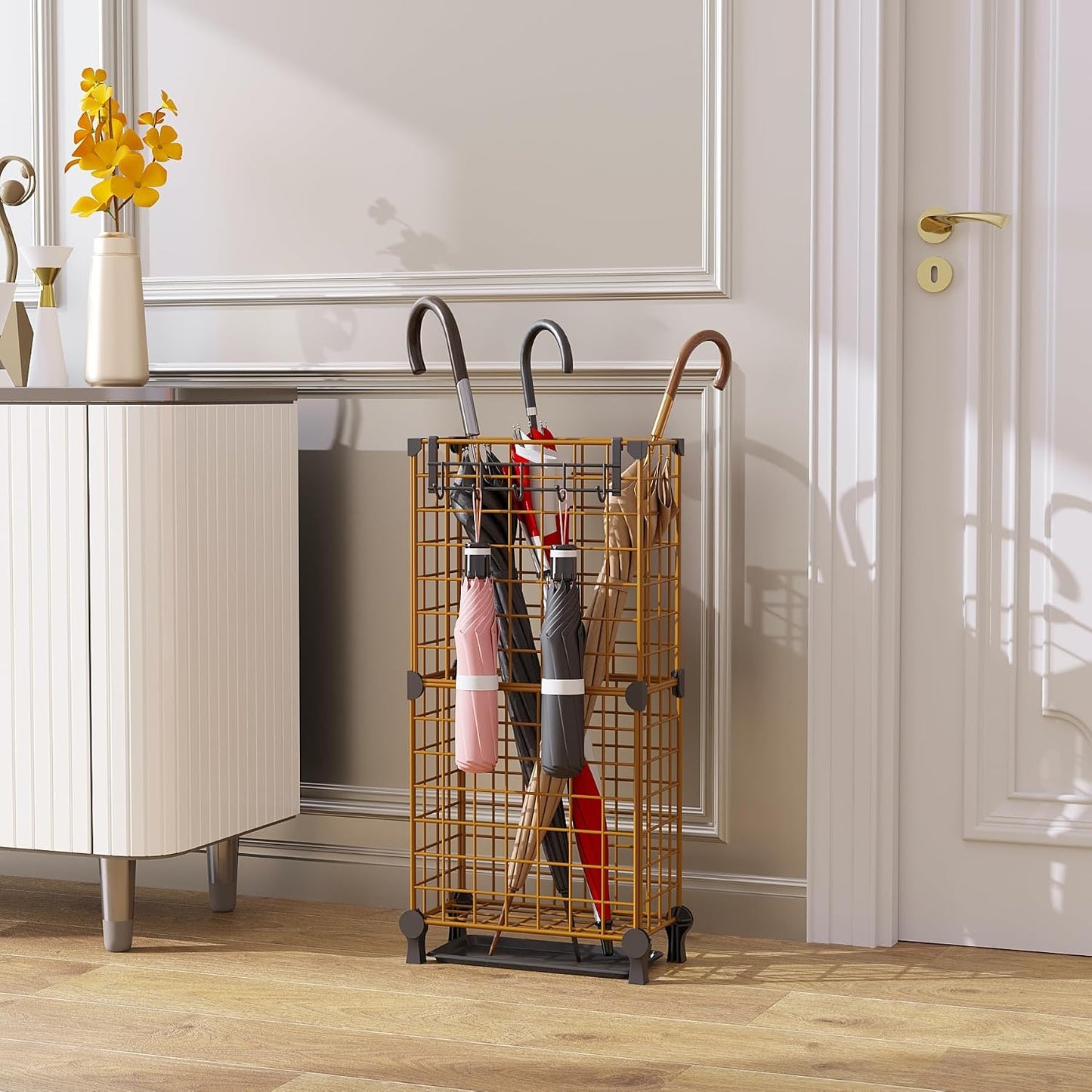 AWTATOS Umbrella Holder Entryway, Umbrella Stand Freestanding, Black | Metal Square Umbrella Rack Organizer with a Removable Drip Tray, Hooks