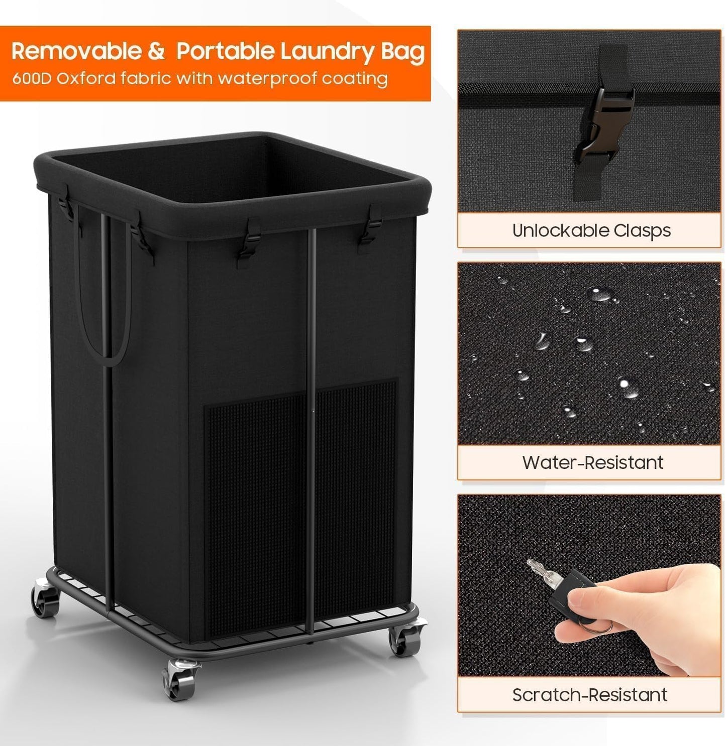 Laundry Hamper with Wheels, 150L Rolling Laundry Basket with Bag & Handles | Sturdy Metal Frame | Removable Bag | Large & Tall Dirty Clothes Hampers for Laundry Room, Bedroom, Dorm, Bathroom-Black