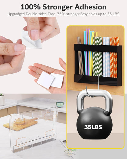 Upgraded 9.5'' Large Acrylic Straw Holder for Cabinet Door, Adjustable Space-Saving Straw Organizer Storage Dispenser for Cabinet with Ultra Sticky Adhesive Strips, 2-Part Rack, Drainage Holes