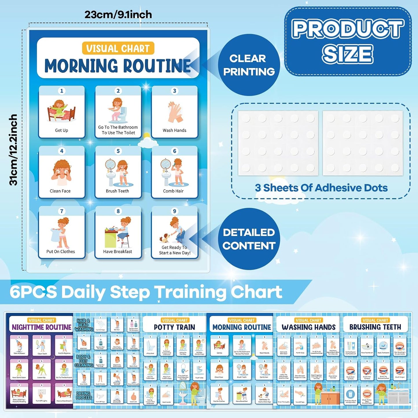 6 PCS Daily Step Visual Schedules Night and Morning Routine Chart for Kids Laminated Children Self Care Chart Visual Guide for Children Special Needs and Autism Promotes Independent Hygiene Routine
