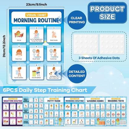 6 PCS Daily Step Visual Schedules Night and Morning Routine Chart for Kids Laminated Children Self Care Chart Visual Guide for Children Special Needs and Autism Promotes Independent Hygiene Routine