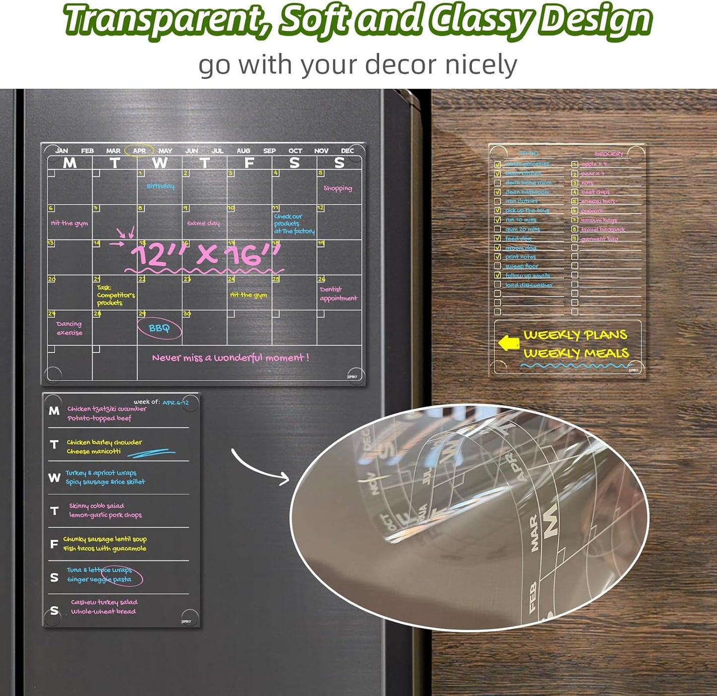 JJPRO Non-Magnetic Dry Erase Monthly Calendar, Clear Weekly Meal Board for Fridge -Starts Sunday,12"x16" Reusable Weekly Planner Stick to Fridge,Wall, All Smooth Surfaces