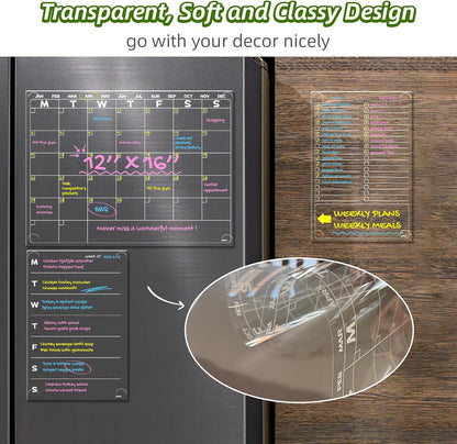 JJPRO Non-Magnetic Dry Erase Monthly Calendar, Clear Weekly Meal Board for Fridge -Starts Sunday,12"x16" Reusable Weekly Planner Stick to Fridge,Wall, All Smooth Surfaces