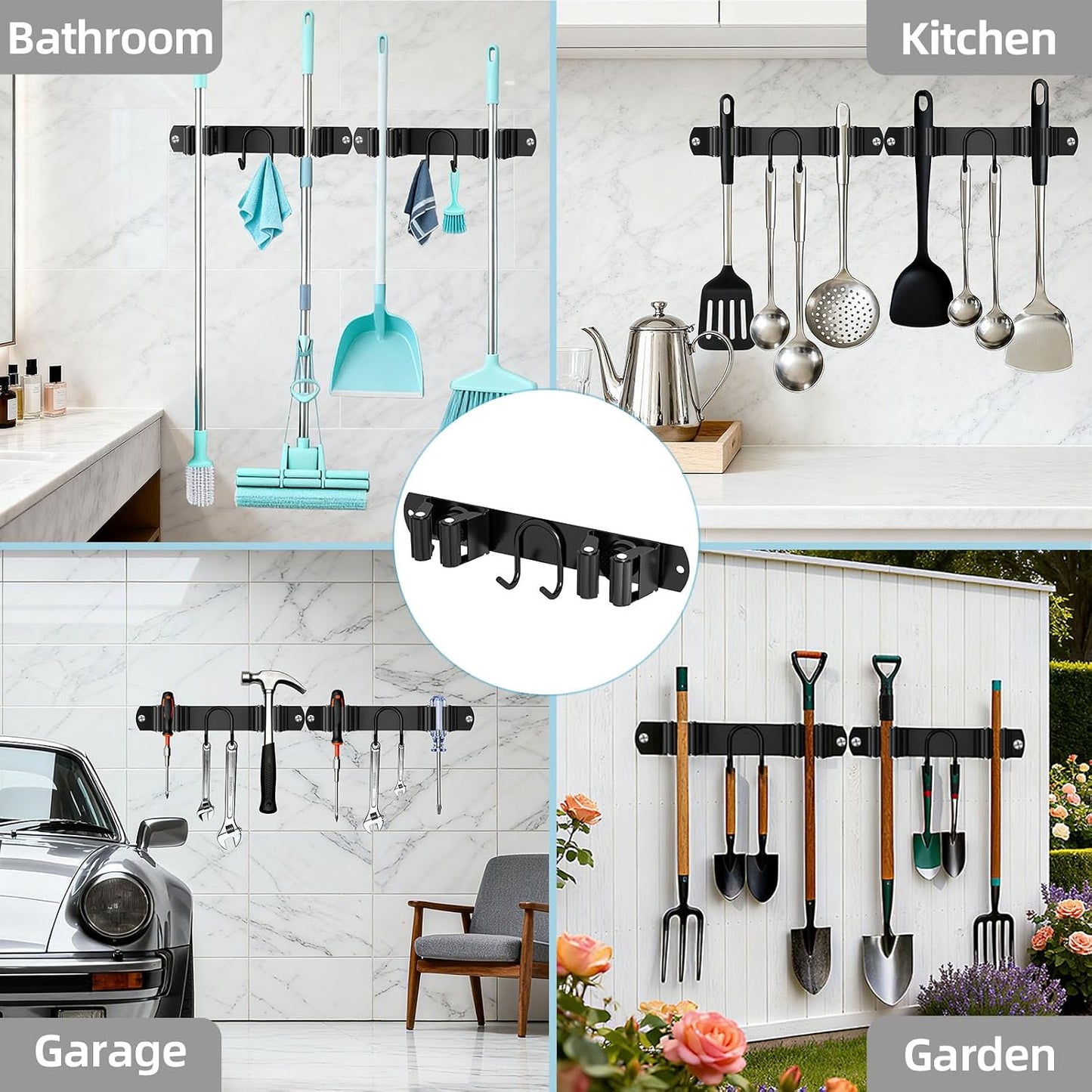 Broom Holder Wall Mount, Stainless Steel Mop and Broom Organizer, Broom Hanger with 2 Slots 2 Hooks for Home Kitchen, Garage, Garden and Laundry Room, Black