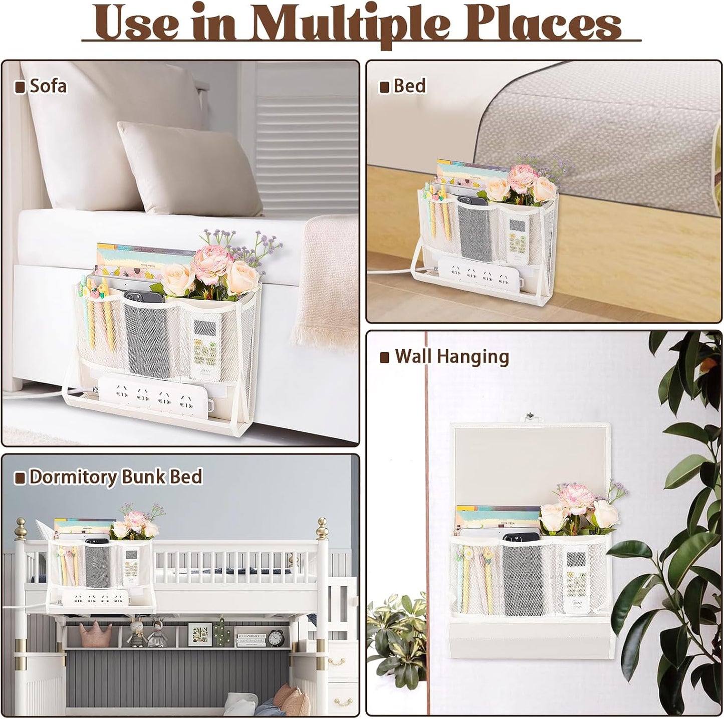 Bedside Caddy Organizer for Dorm Bed Rails with 7 Pockets, Gray | Bed Pockets Bedside Storage with Power Strip Holder & 2 Adjustable Straps for Home, College, Dorm, Hospital Bedside Organizer