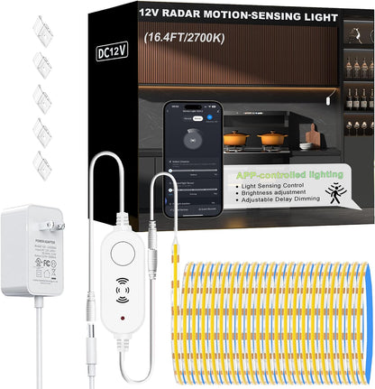 Warm White 2700K Smart COB LED Strip Light 9.85ft with Radar Motion Sensor, WiFi APP Control Dimmable Flexible LED Tape Light Timed for Google Home Alexa for Cabinets,Home&Office DIY Lighting