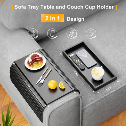 Bestjing Bamboo Sofa Armrest Tray - Couch Arm Tray with Detachable Couch Cup Holder - 2 in 1 Anti-Slip Foldable Sofa Armchair Caddy Table for Drinks Cellphone TV Remote Snacks