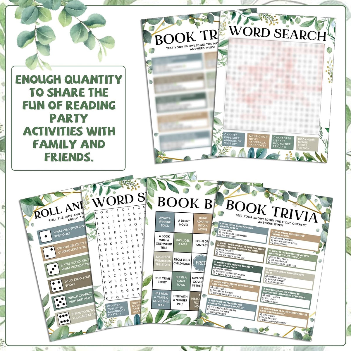 82Pcs Greenery Reading Themed Games Cards for Adults Eucalyptus Book Trivia Bingo Word Search Roll and Share Game Books Lover Party Supplies for School Classroom Book Club Library Activity Birthday
