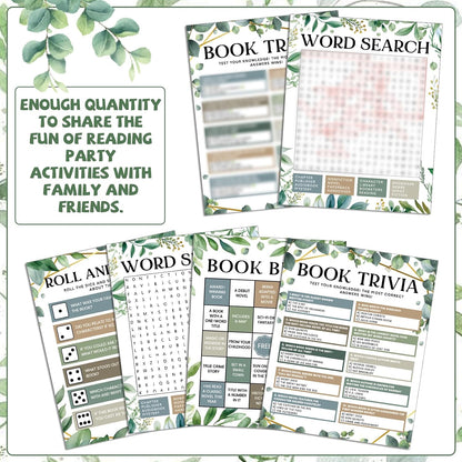 82Pcs Greenery Reading Themed Games Cards for Adults Eucalyptus Book Trivia Bingo Word Search Roll and Share Game Books Lover Party Supplies for School Classroom Book Club Library Activity Birthday