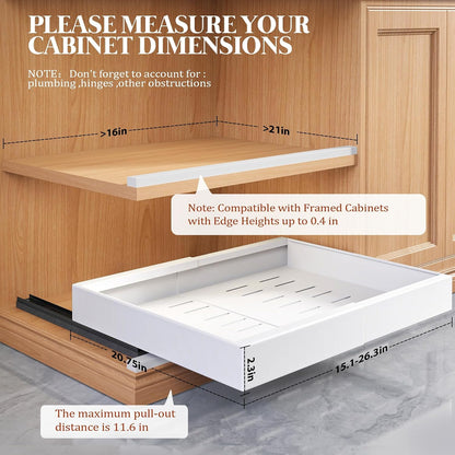 Seinloes 4 Pack Expandable Pull Out Cabinet Organizer 21"Deep With Raising Pad for Framed Cabinets,Upgrade 3 Slide Rails Slide Out Drawers,No Drill Roll Out Shelves,Adjustable Width 12.1"-20.4" White