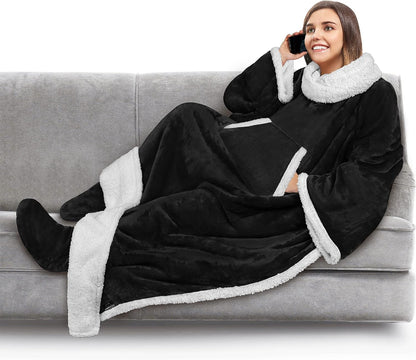 PAVILIA Fleece Blanket with Sleeves, Foot Pockets for Women Men Adults, Plush Wearable Blanket Throw Wrap, Warm Snuggle Blanket Robe, Cozy Gift Ideas Wife Mom, Dark Purple