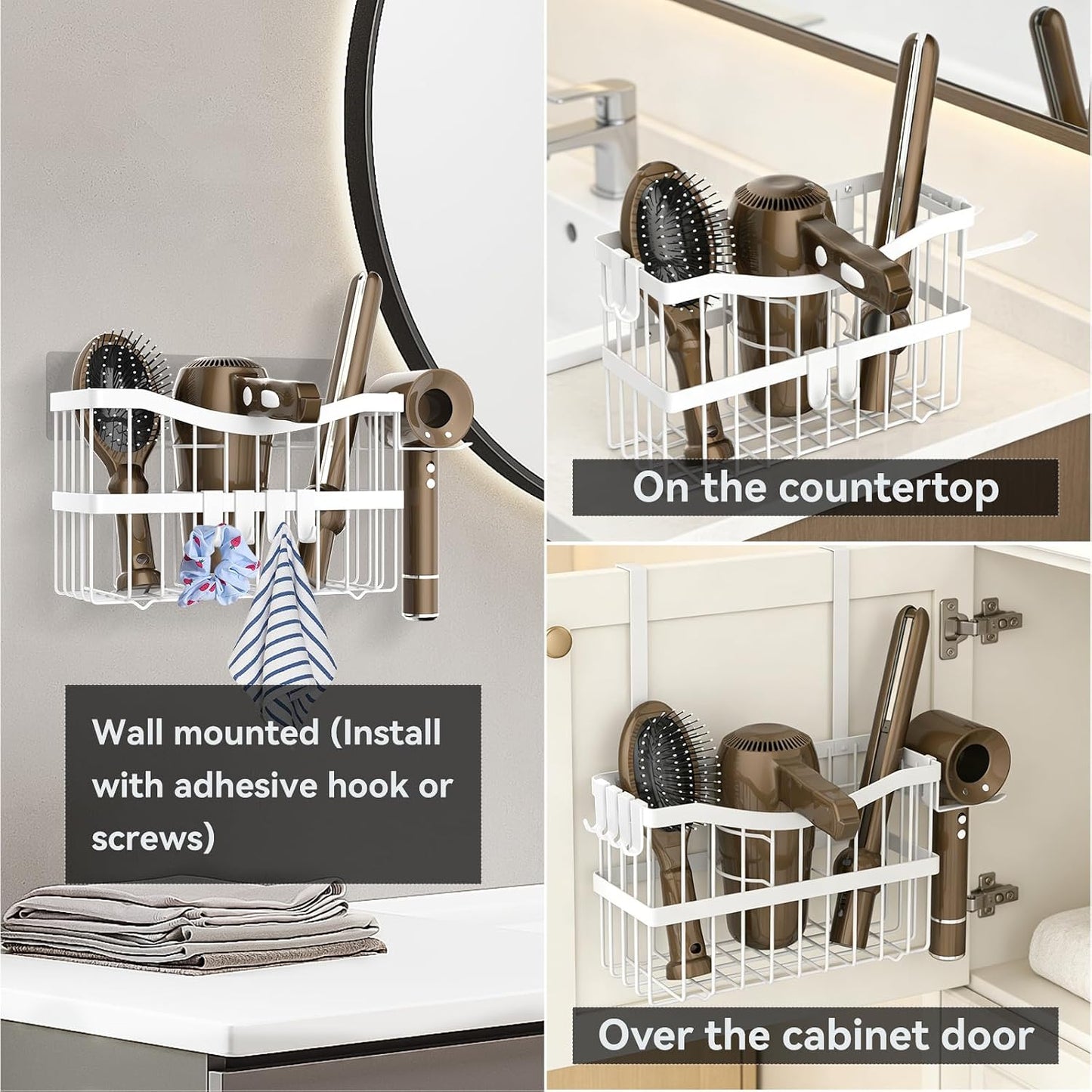 Dailyart 3-in-1 Hair Tool Organizer for Hair Dryer, Bathroom, White | Hair Dryer Holder Wall Mounted, Styling Tools Organizer for Flat Iron, Curling Wand, Hair Accessories Storage
