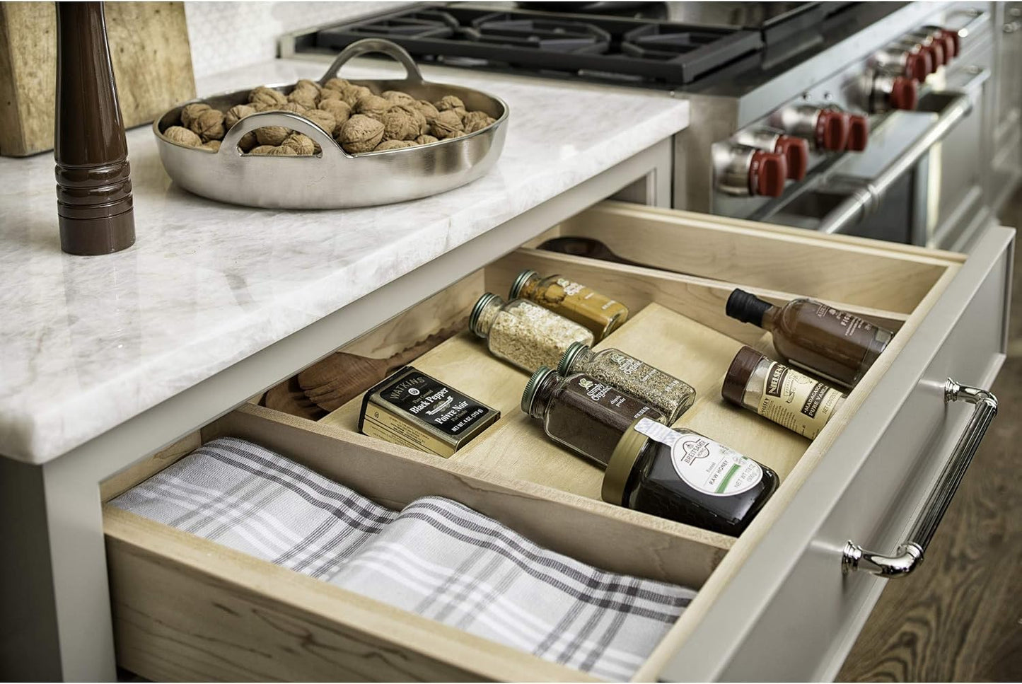 Rev-A-Shelf 36" 3-Tiered Trimmable Wooden Pull-Out Spice Rack, Maple | Wooden Kitchen Drawer and Cabinet Home Storage Insert for Seasoning Organization