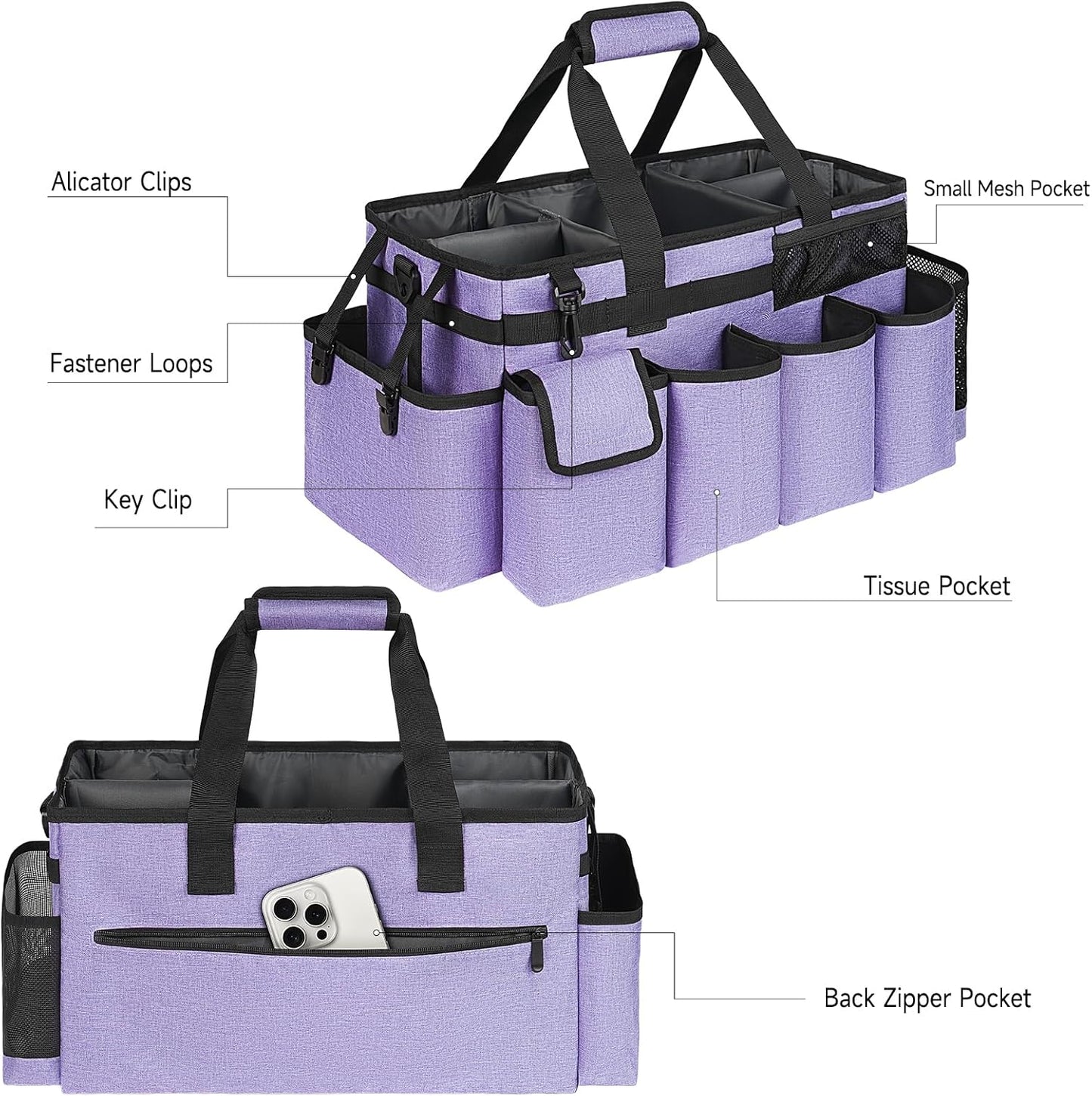 Cleaning Caddy Bag,Large Cleaning Supplies Organizer with Handle for Housekeepers,Purple