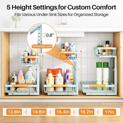 PXRACK Under Sink Organizer, Adjustable Height, 2 Tier Pull Out Under Cabinet Organizer, Slide Out Thickened Metal Under Sink Storage for Kitchen Bathroom Laundry Pantry Cabinet, White, Large-2-Pack