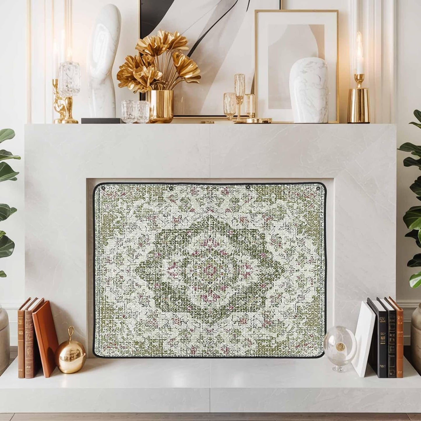 Magnetic Fireplace Cover Grey Medieval Flowers Fireplace Screen Decorative Retro Bohemian Pattern Insulation Fireplace Blocker Save Energy Fireplace Draft Stopper Covers for Living Room 39x32 Inch