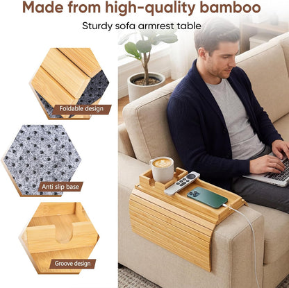 Bamboo Couch Arm Tray Table with Built-in Cup Holder, Foldable Anti-Slip Sofa Armrest Table for Drinks, Phone & Remote, Fits 4.7–16.9 in Armrests, Holds Cups up to 3.5 in Diameter (Bamboo)