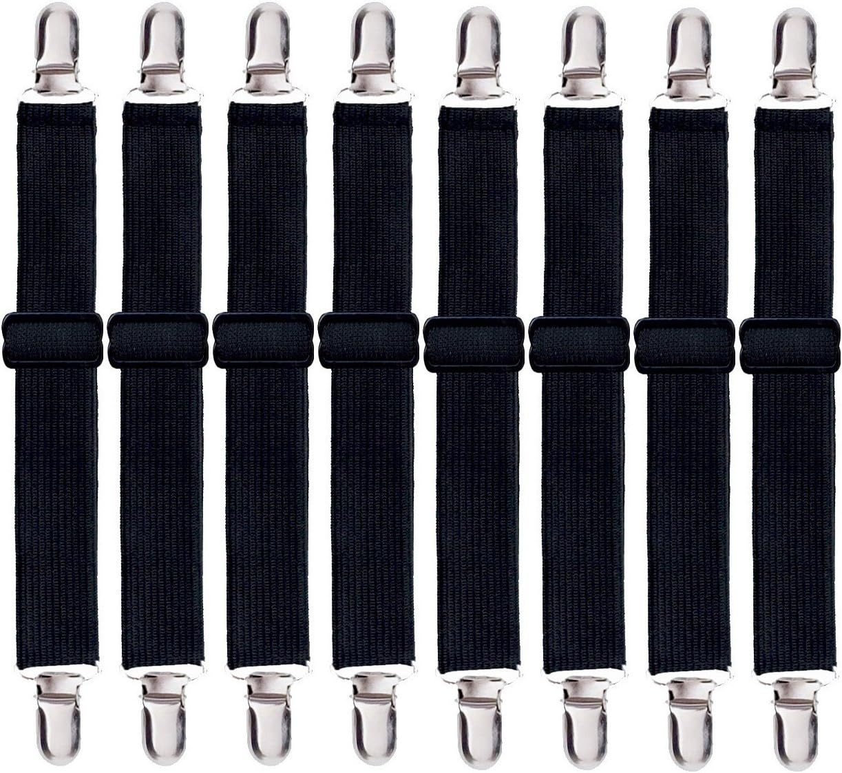 Korlon 8 Pack Bed Sheet Straps, Adjustable Elastic Fitted Sheet Holder Clips, Heavy Duty Bed Sheet Clips Holders for Corners Mattress Fasteners Suspenders Grippers Sofa Cushion