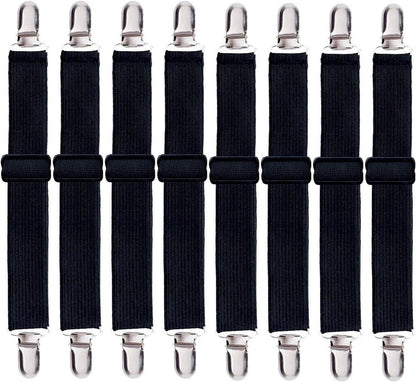Korlon 8 Pack Bed Sheet Straps, Adjustable Elastic Fitted Sheet Holder Clips, Heavy Duty Bed Sheet Clips Holders for Corners Mattress Fasteners Suspenders Grippers Sofa Cushion