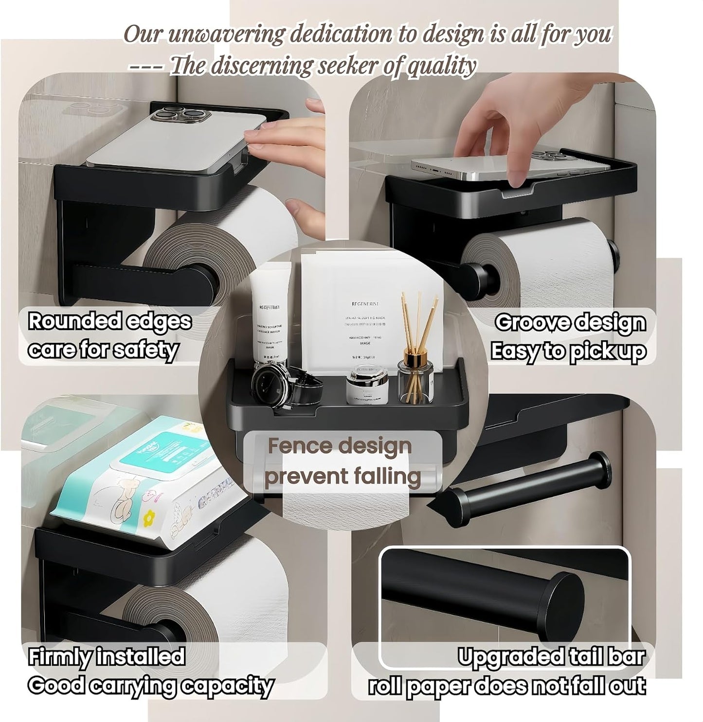 Adhesive Toilet Paper Holder and 2 Metal Hooks Combo - Rustproof Aluminum with Extra Adhesive Pads for Easy Replacement of Positions,Matte Black Toilet Paper Holder with Shelf(Wall Mount)