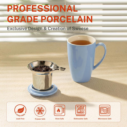 Sweese 15oz Porcelain Tea Mug with Infuser and Lid – Microwave Safe, Ergonomic Handle, Lead-Free Glaze, for Loose Leaf Tea