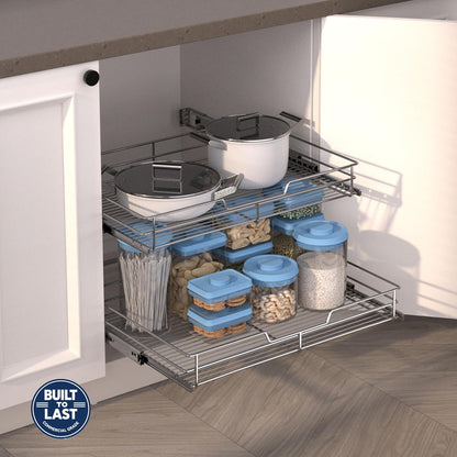 2-Tier Cabinet Pull Out Shelves, 14" W x 22" D, Chrome | Heavy-Gauge Wire Kitchen Cabinet Organizer, 100 lbs Capacity, Ball-Bearing Glides, Min 15" Opening, For Tupperware & Bowls