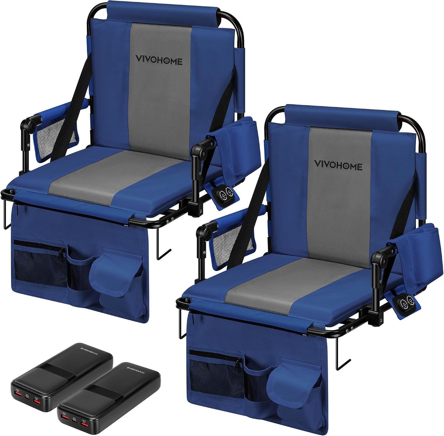 VIVOHOME 35W Padded Heating Stadium Seats with 20000mAh Power Bank, 2 Pack Heated Bleacher Chairs with Back Support, 3 Levels of Heat, Comfortable for Various Sports Events