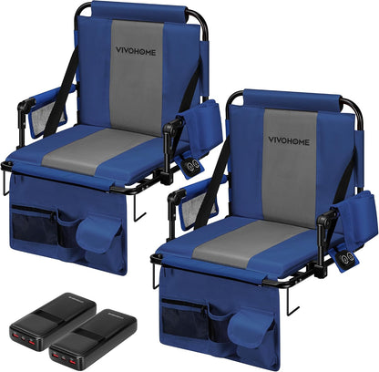 VIVOHOME 35W Padded Heating Stadium Seats with 20000mAh Power Bank, 2 Pack Heated Bleacher Chairs with Back Support, 3 Levels of Heat, Comfortable for Various Sports Events