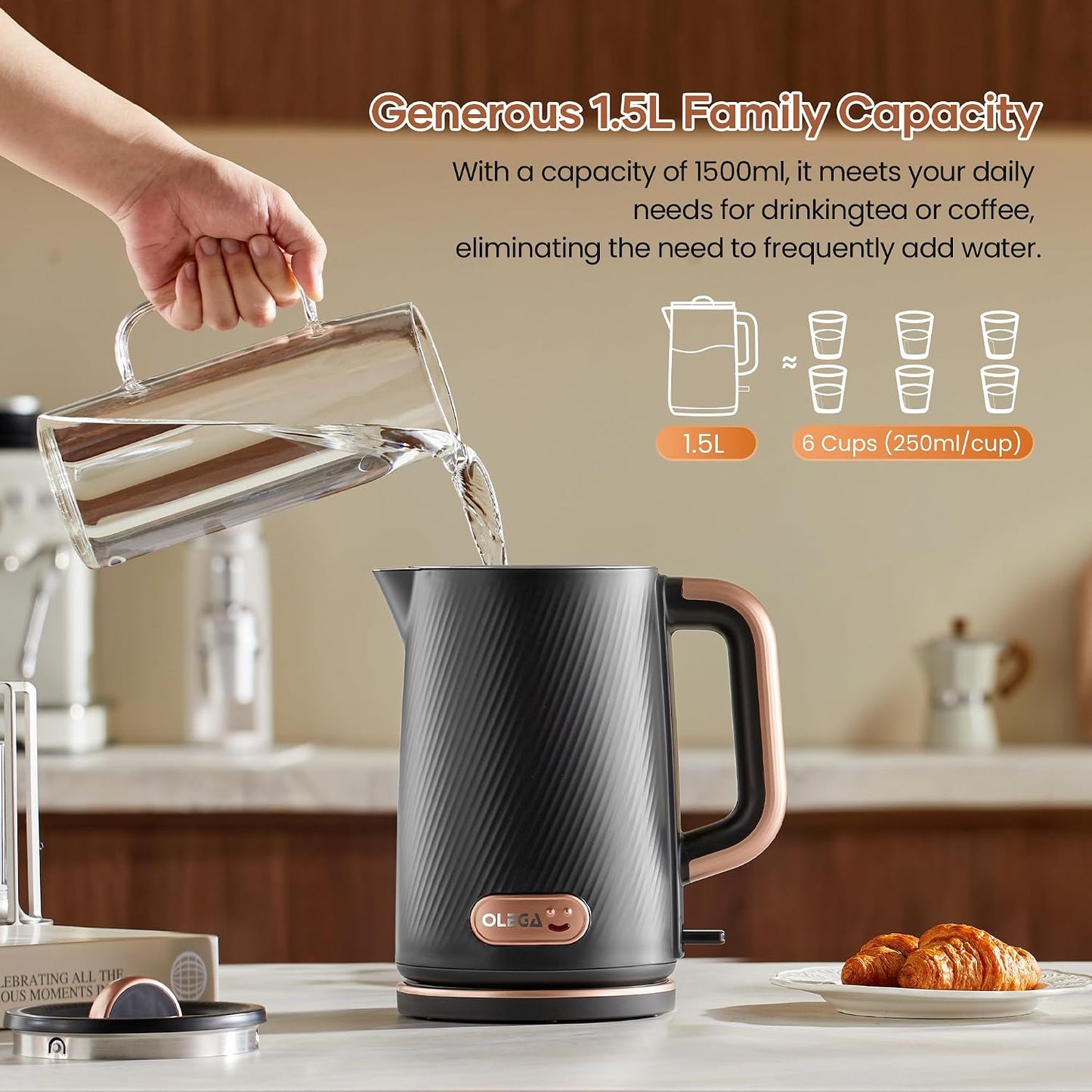 OLEGA Electric Tea Kettle: 1200W Fast Boil Electric Water Kettles 1.5L | Stainless Steel Kettle; Large Electric Water Kettle; Plastic Free Teapot; Auto Shut-Off Water Boiler; Fast Boil Kettles