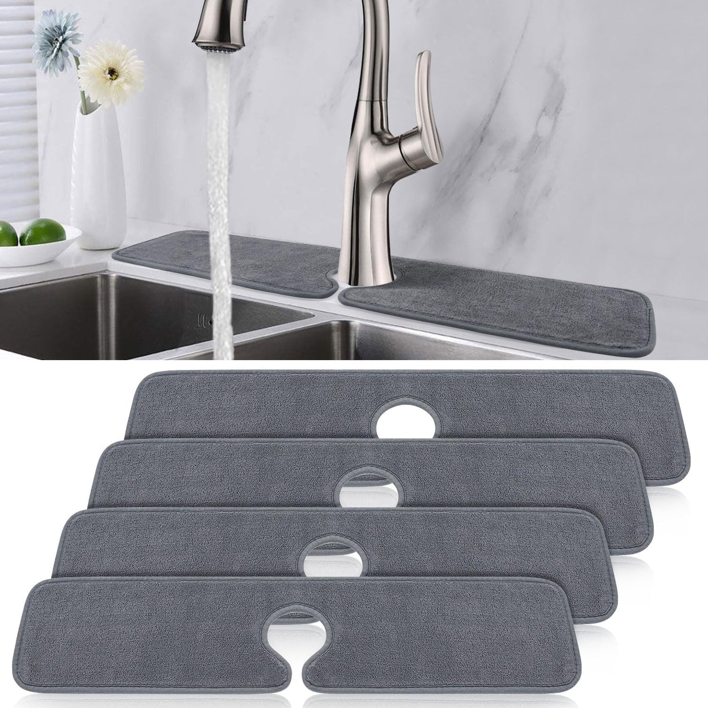 PoYang 4 Pack Faucet Mat for Kitchen Sink Splash Guard, Long 24x5.1 Inch | Super Absorbent Microfiber Faucet Mat, Catch Splashes and Drips, Machine Washable Sink Protectors for Kitchen, Bathroom & RV