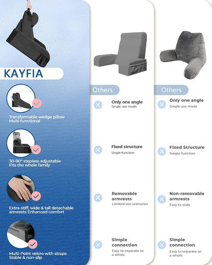 Kayfia Reading Pillow, 30-90° Stepless Adjust Angle & Height, Large, Grey | 2 in 1 Back Wedge Pillow for Bed Sitting up, Adjustable Headrest, Backrest Pillow for Reading/Gaming/Working in Bed or Couch