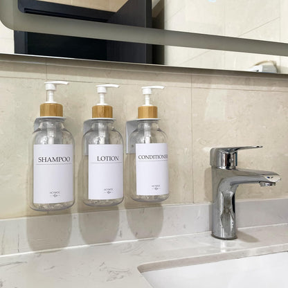 3 Pack Wall Mount Shower Dispenser, No Drill, 16 Waterproof Labels | Shampoo Dispenser for Shower Wall, Shampoo and Conditioner Dispenser, Bathroom, 17oz, Gold Amber