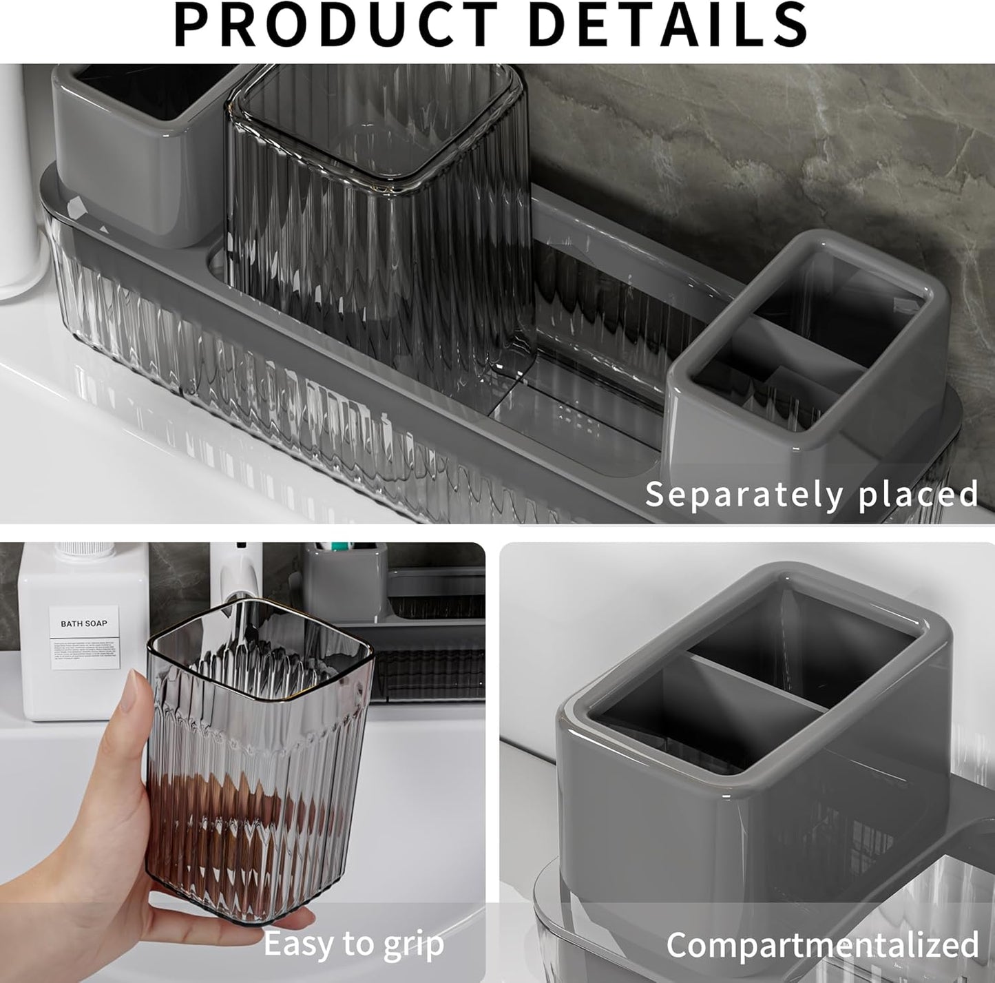 Toothbrush Holder for Bathrooms, 2 Cups Toothbrush Organizer for Bathroom Countertop, Toothbrush Holder Toothbrush Storage for Shower, Tooth Brushing Holder Cup Tray and Toothpaste Caddy Black