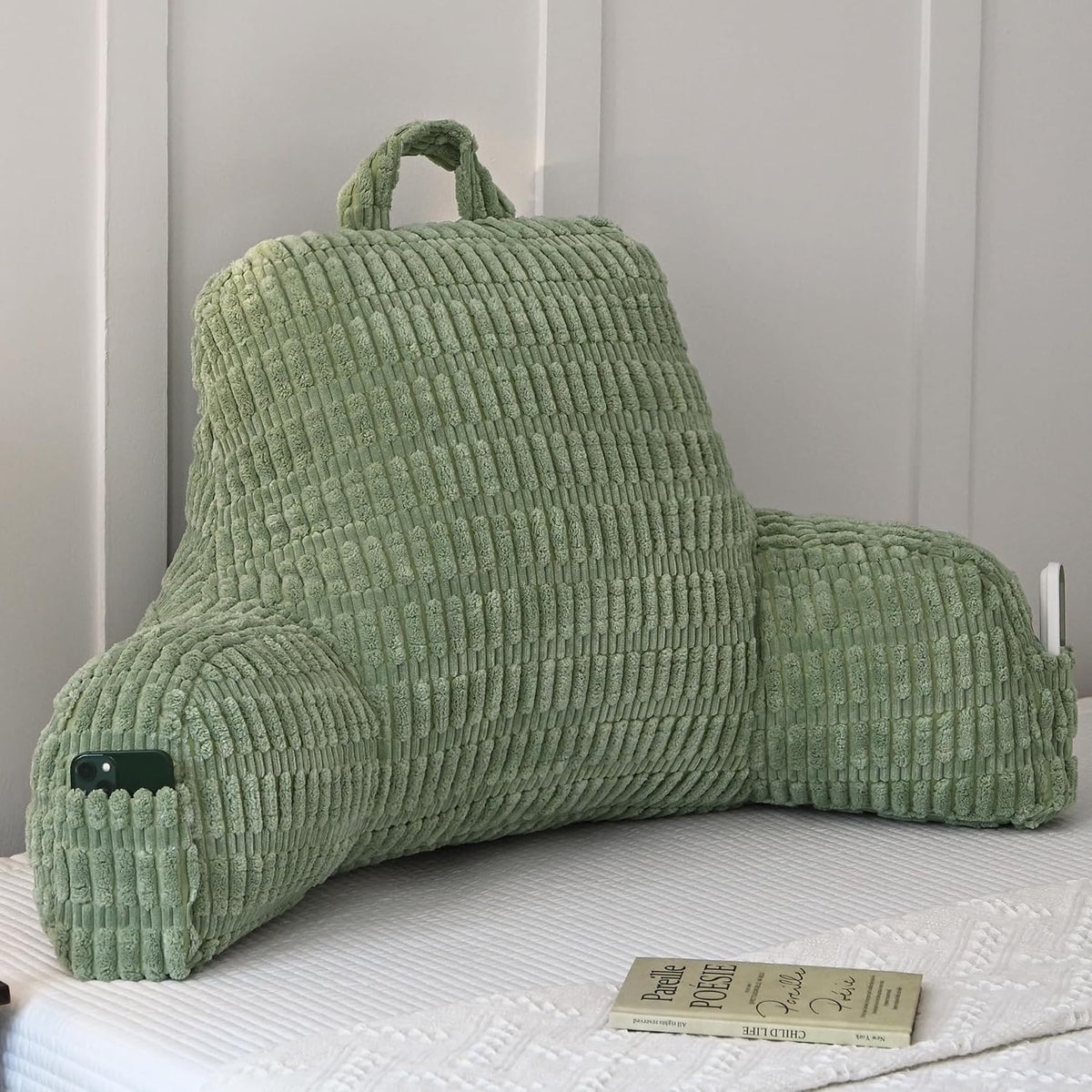 Faux Fur Reading Pillow for Sitting in Bed, Large Backrest Bed Pillow with Arms, Back Support Pillow for Lounging Bedrest, Beige