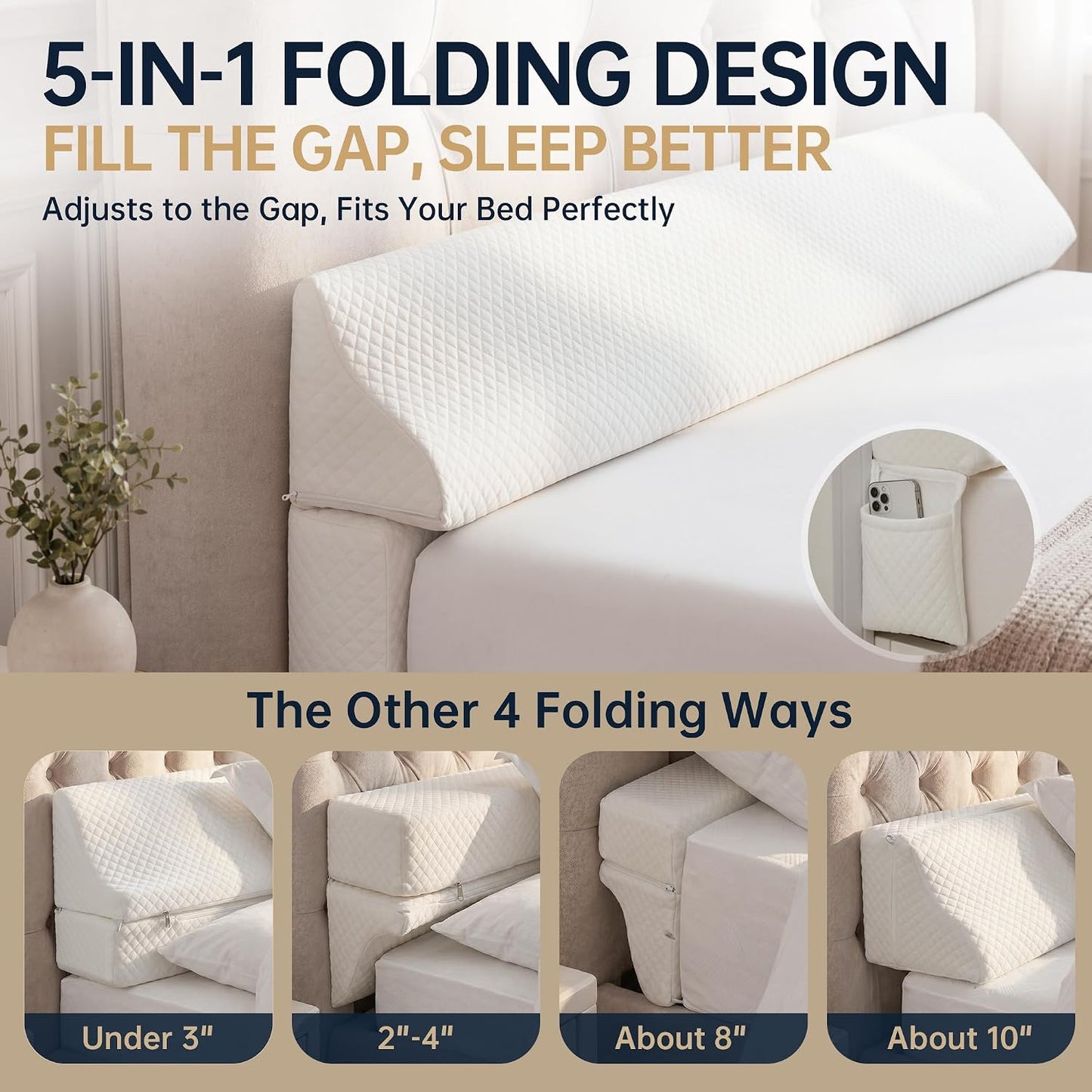 Bed Wedge Gap Filler, Wedge Pillow for Headboard Gap, King Size | Foldable Mattress Gap Filler Close The Gap (0–7") Between Headboard and Mattress, Bed Crack Pillow, Light Grey, 76"x10"x6"