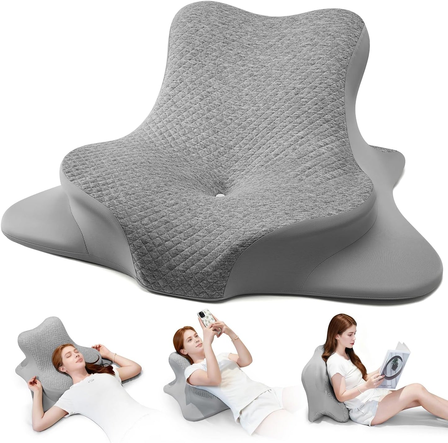 Reading Pillow for Bed, Leaning, Lying and Prone, Ergonomic Memory Foam Bed Wedge Pillow for Headboard, Floor Cushions, Chin & Back Support Pillows on Bedrest Couch Floor- Grey