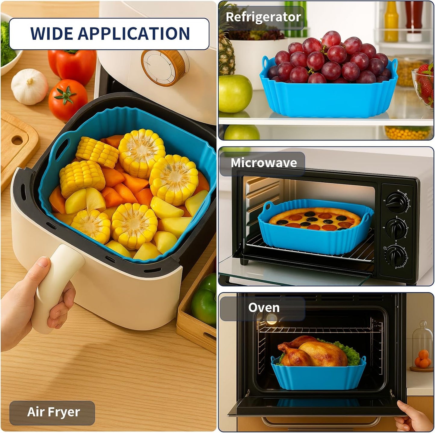 Boribim 2 PCS Square Silicone Air Fryer Liners - 8 Inch Reusable Air Fryer Pot - Air Fryer Accessories - Air Fryer Inserts for 4 to 7 QT Oven Microwave Accessories (Red + Blue)