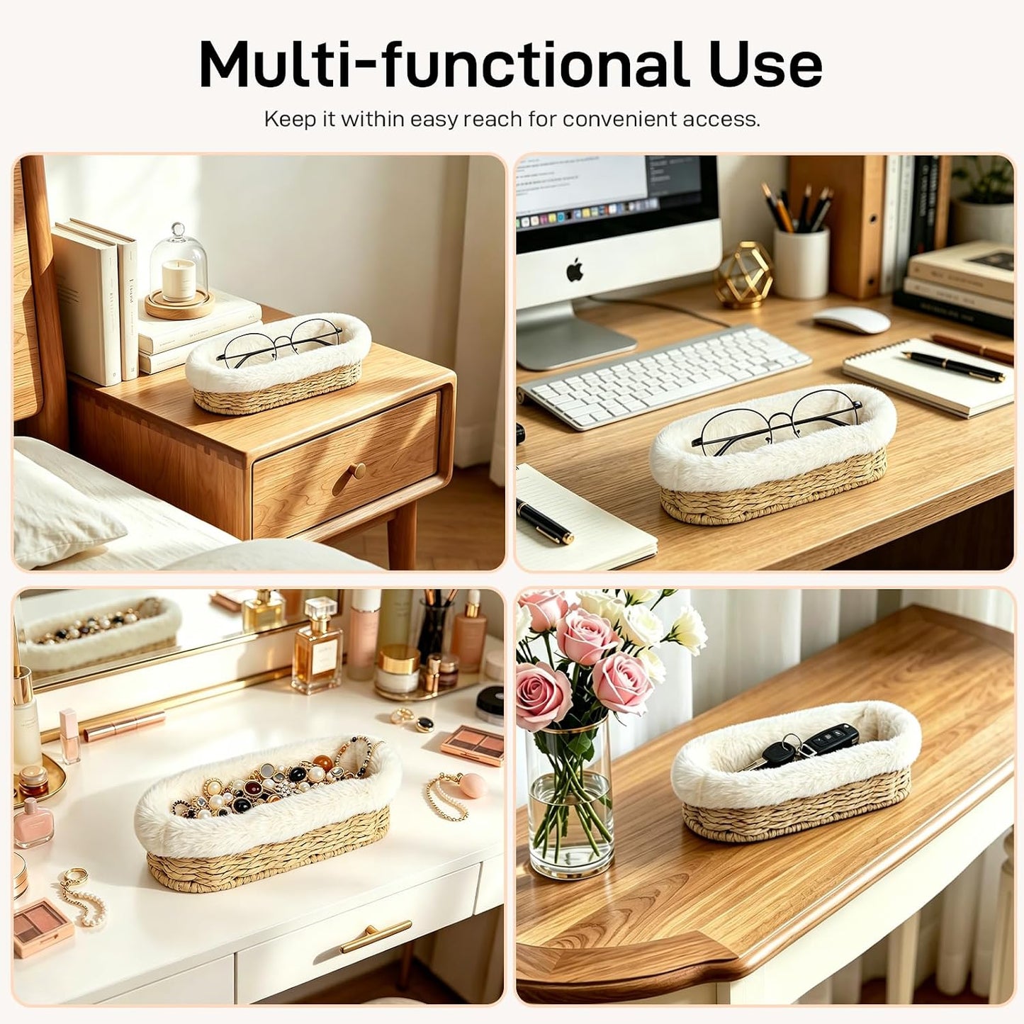 Glasses Holder, Paper Rope Plush Lined Eyeglass Holder Stand, Jewelry Key Tray Storage Organizer for Nightstand, Desk