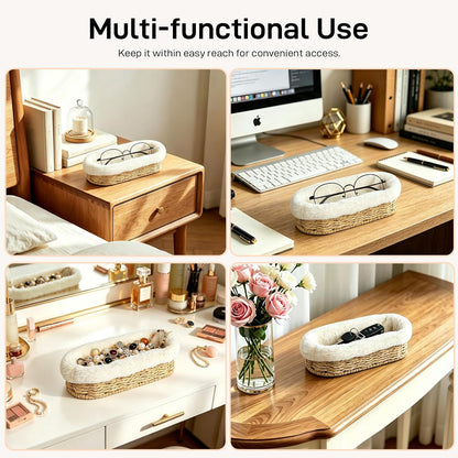 Glasses Holder, Paper Rope Plush Lined Eyeglass Holder Stand, Jewelry Key Tray Storage Organizer for Nightstand, Desk