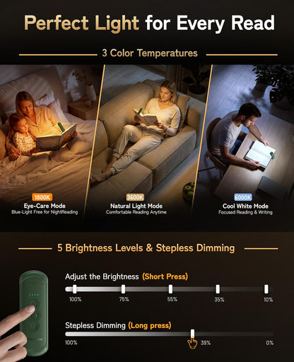HIONXMGA Book Light Rechargeable, Eye-Care Clip on Reading Light for Books in Bed, 3 Color & Stepless Dimming, 140H Long Lasting Book Lights for Reading at Night, Gifts for Book Lovers(Black)