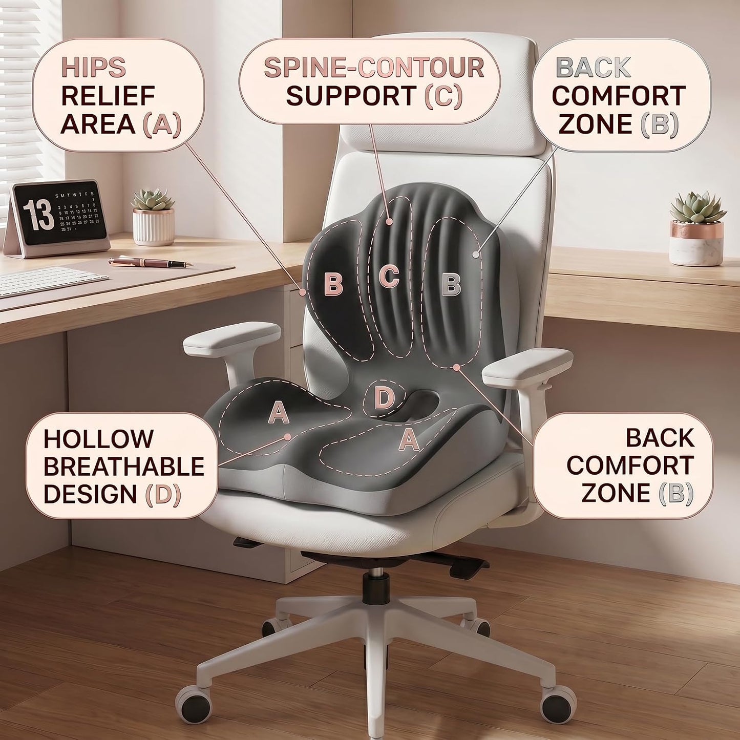 Ergonomic Seat Memory Foam Support Cushion for Back, Car Seat Back Support Cushion for Sciatica Tailbone Pain, Office Desk Chair Car Travel Seat Cushion (Pink)