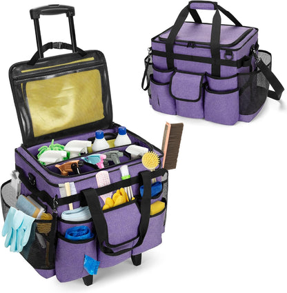LoDrid Rolling Cleaning Caddy with Lid and Detachable Trolley, Black | Cleaning Supplies Organizer, Cleaning Caddy Cart on Wheels with Handle and Shoulder Strap for Housekeepers