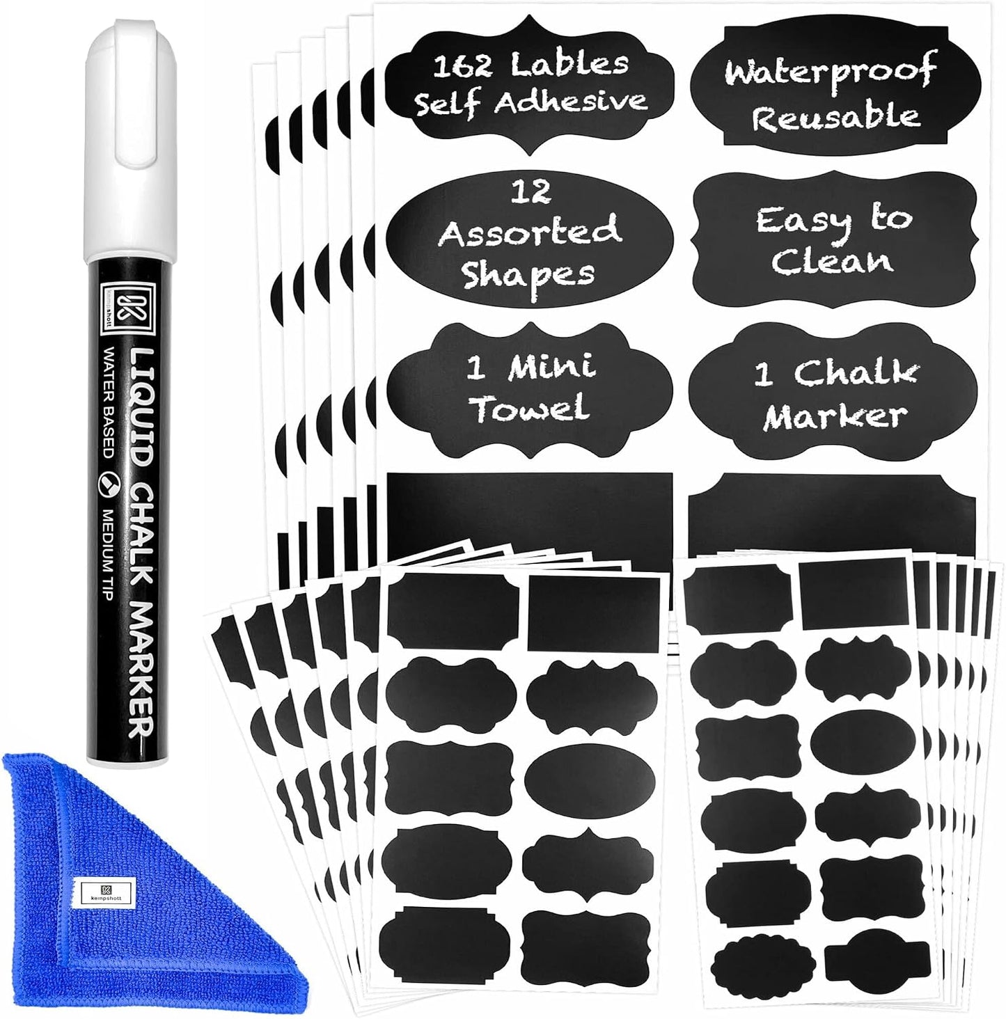 Chalkboard Labels for Jars, 162pcs Waterproof Reusable Stickers with Marker | 12 Shapes & 3 Sizes Chalk Sticker Labels for Jars & Containers, Easy-Wipe Labels Include Erasable Liquid Chalk Marker & Cloth