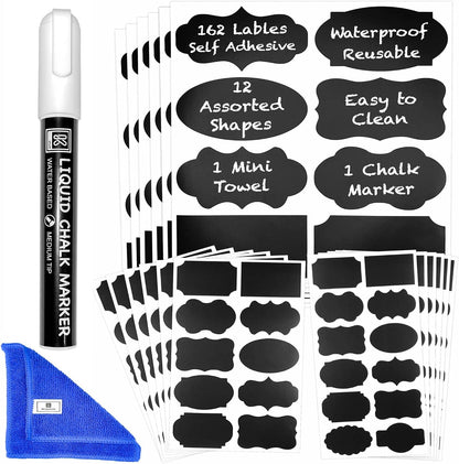 Chalkboard Labels for Jars, 162pcs Waterproof Reusable Stickers with Marker | 12 Shapes & 3 Sizes Chalk Sticker Labels for Jars & Containers, Easy-Wipe Labels Include Erasable Liquid Chalk Marker & Cloth