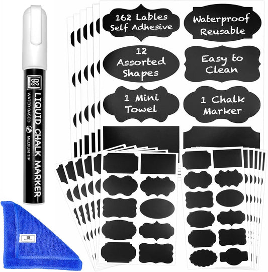 Chalkboard Labels for Jars, 162pcs Waterproof Reusable Stickers with Marker | 12 Shapes & 3 Sizes Chalk Sticker Labels for Jars & Containers, Easy-Wipe Labels Include Erasable Liquid Chalk Marker & Cloth