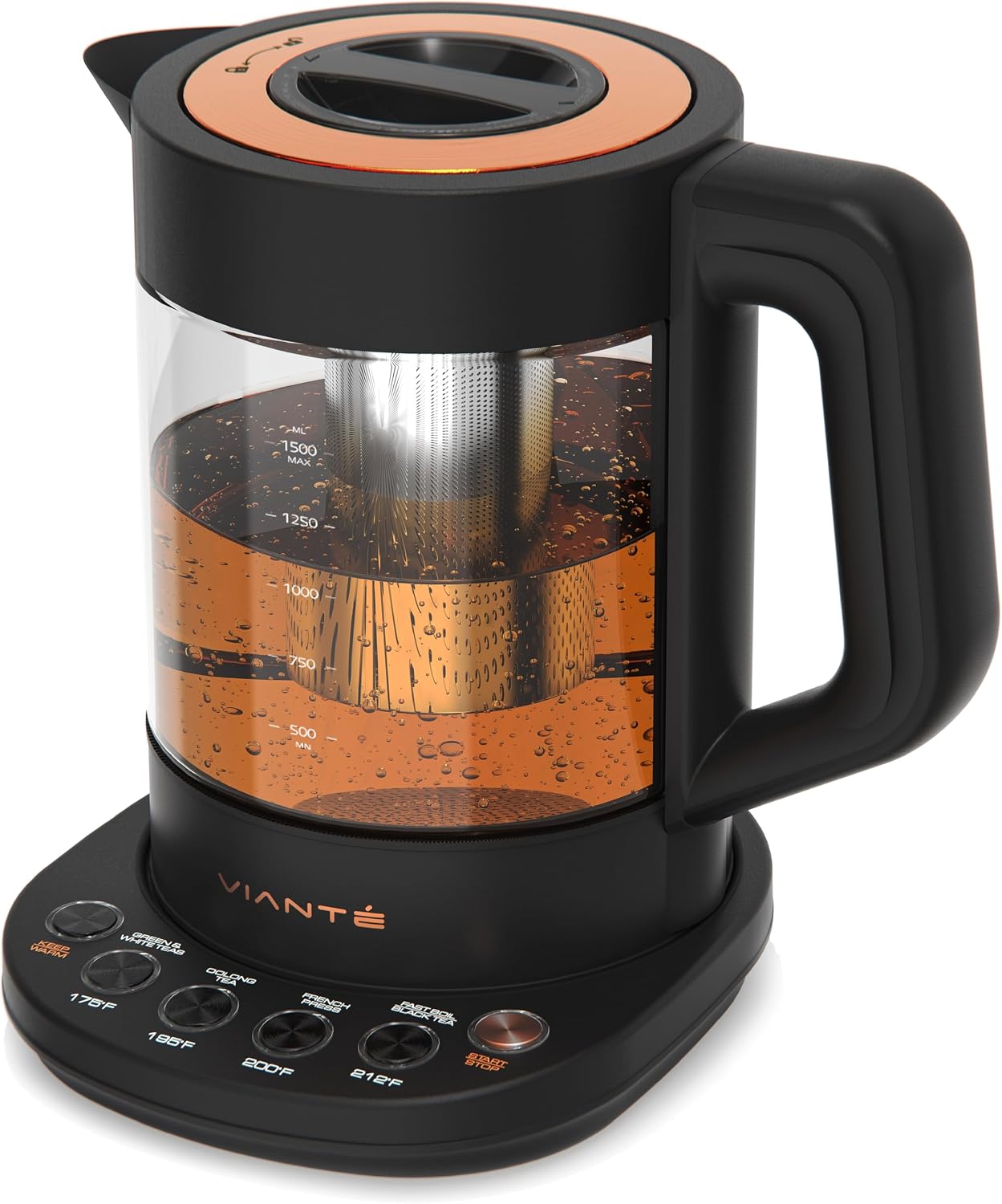 Viante Alba Electric Tea Kettle With Infuser, No Plastic, 1.5L | Borosilicate glass & 304 stainless steel construction. 4 temp presets, keep-warm, cordless, auto shut-off