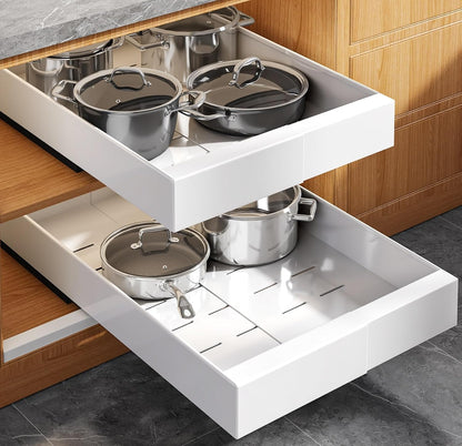 Seinloes 2 Pack Pull Out Cabinet Organizer for Wide Cabinets,Expandable 15.1"-26.3" Width,21" Deep Slide Out Drawers With Raising Pad for Framed Cabinets,3 Slide Rails,No Drill Roll Out Shelves,White