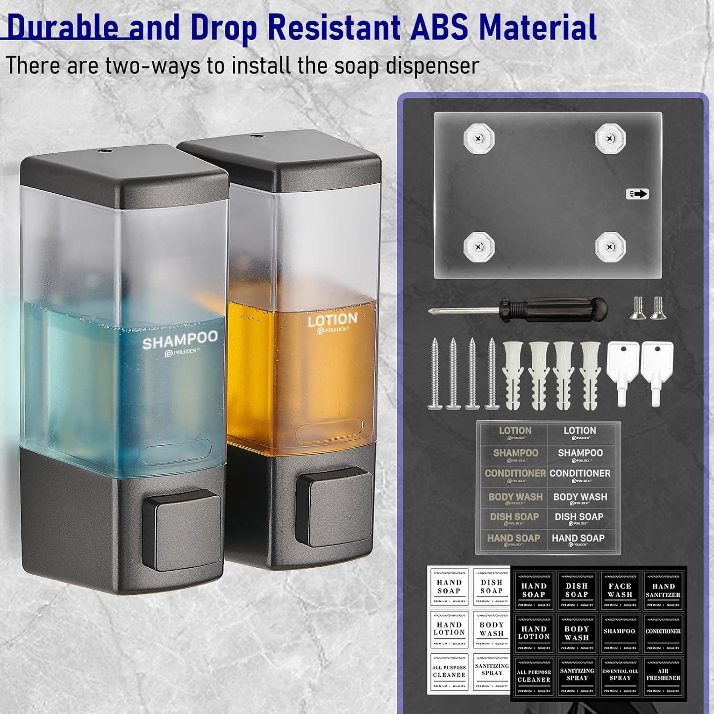 Pollock Shampoo and Conditioner Dispenser,Black 3 Chamber * 500ML | Shower Soap Dispenser Wall Mounted, Body Wash Dispenser No Drill,Refillable Shower Dispenser for Bathroom,Hotel,Public Place